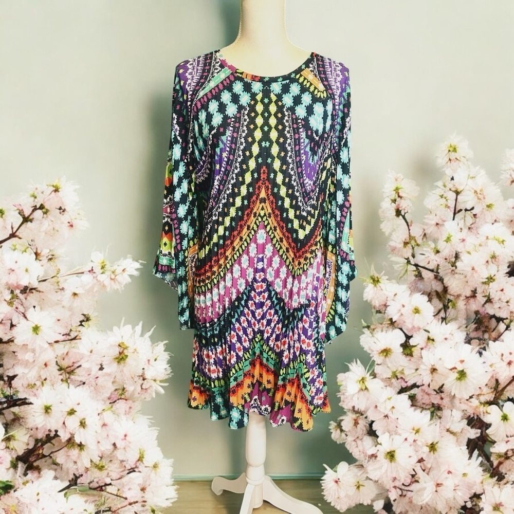 Nicole Miller Artelier Rainbow Multicolor Pleated Swing Style Boho Dress Size S